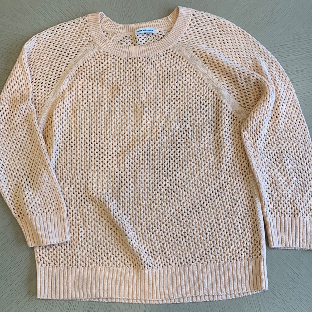 Club Monaco Open-Knit Crewneck Sweater in Pale Peach
